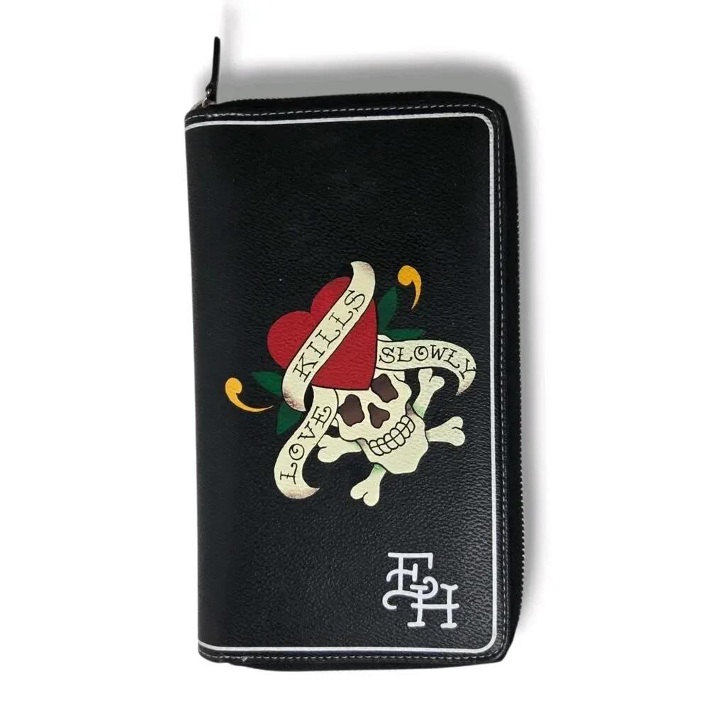 Ed Hardy Black Skull Love Kills Slowly Wallet Zip Around Card Holder Pocket Book